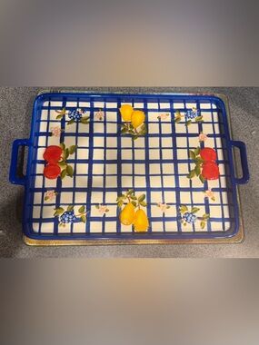 Temp-Tations Blue Grid Ceramic Serving Tray with Fruit Motif